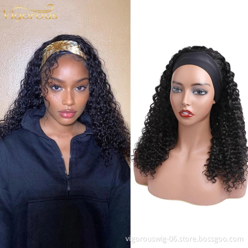 Wholesale Black 20 Inch Body Wave Cheap Women's Raw Brazillian Real Human Hair Half Wigs With Ice Silk Headband Clipin Curly